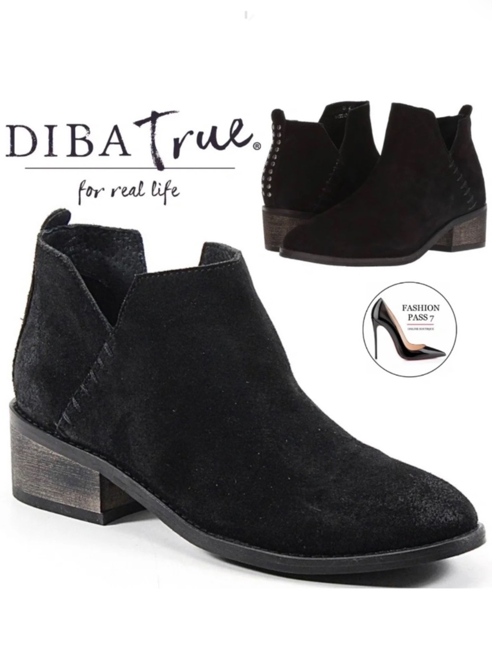 Diba True Vio Lyn black suede ankle boots block heel almond toe boho booties 8.5